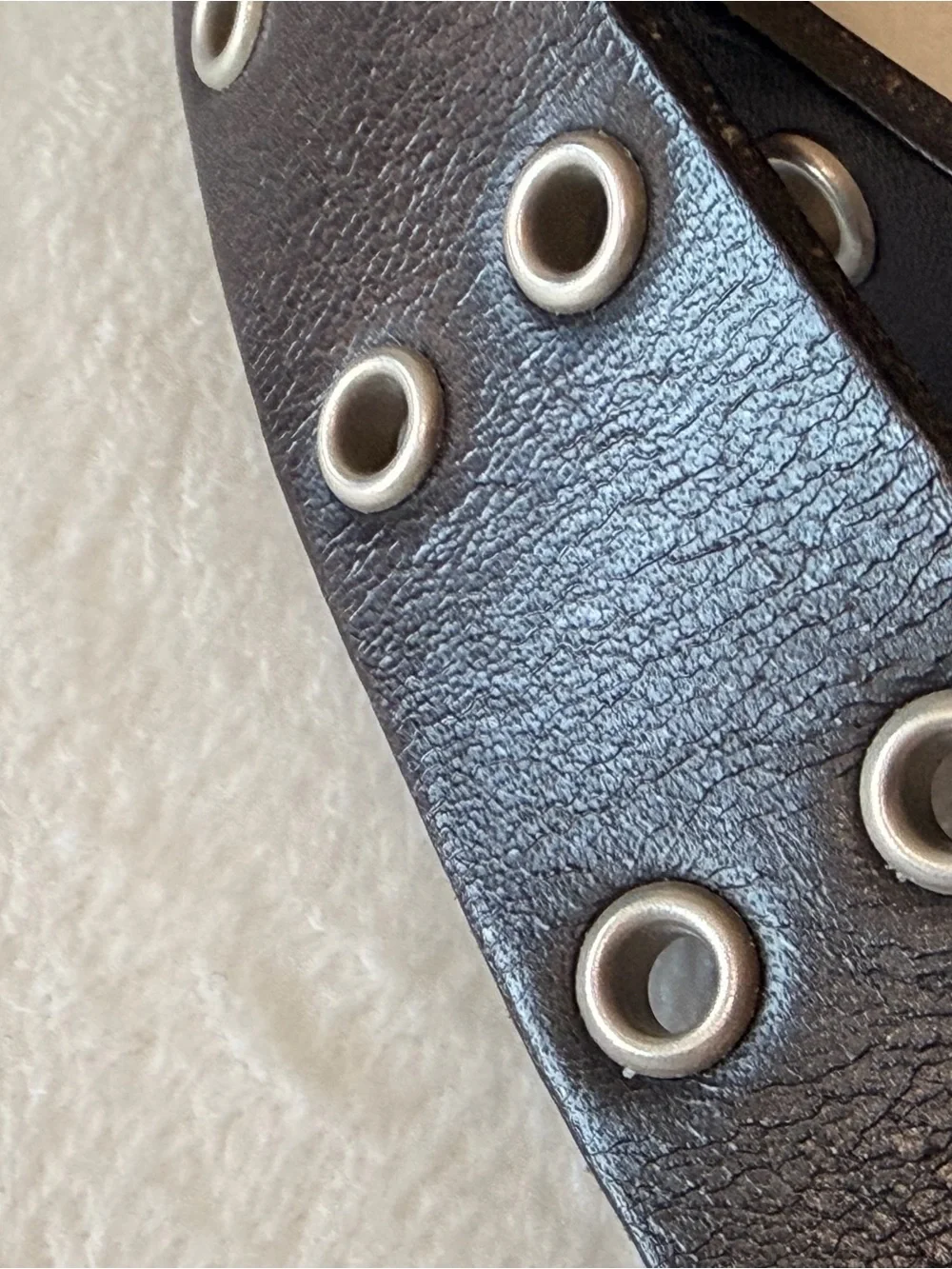 Vintage Black Leather Double Prong Grommet Belt Solid Brass Buckle 36.5”